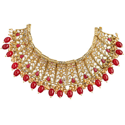 Shining Jewel Antique Gold Plated Traditional Kundan Studded Maroon Peal Choker Necklace with Maang Tikka Set Ethnic Fashion Jewelry for Women (SJN_36 M)