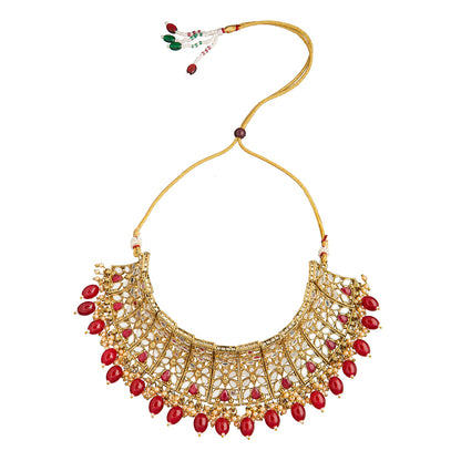 Shining Jewel Antique Gold Plated Traditional Kundan Studded Maroon Peal Choker Necklace with Maang Tikka Set Ethnic Fashion Jewelry for Women (SJN_36 M)