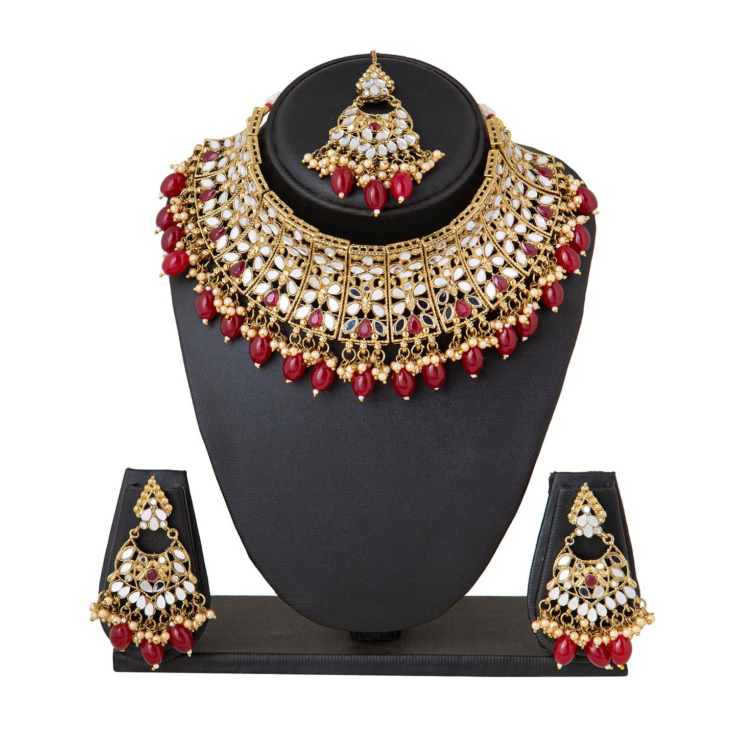 Shining Jewel Antique Gold Plated Traditional Kundan Studded Maroon Peal Choker Necklace with Maang Tikka Set Ethnic Fashion Jewelry for Women (SJN_36 M)