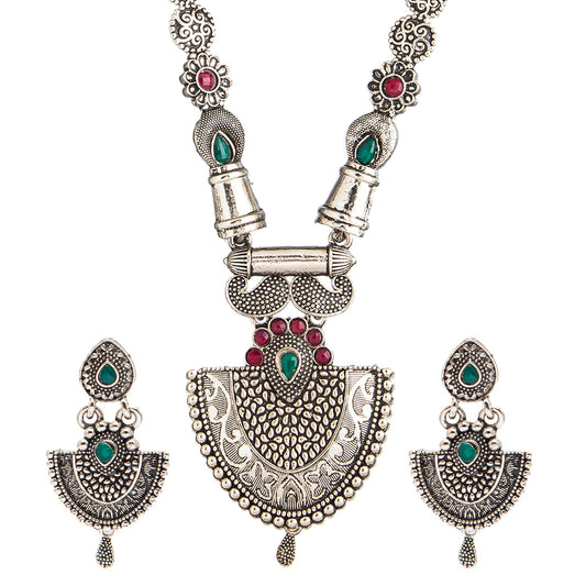 Shining Jewel Traditional Antique Silver Plated Temple Jewellery Traditional Long Bridal Jewellery Necklace Set for Women (SJN_39)