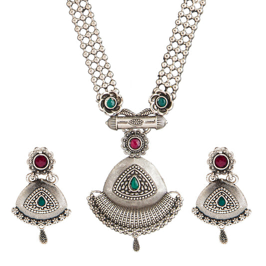 Shining Jewel Traditional Antique Silver Plated Temple Jewellery Traditional Long Bridal Jewellery Necklace Set for Women (SJN_40)