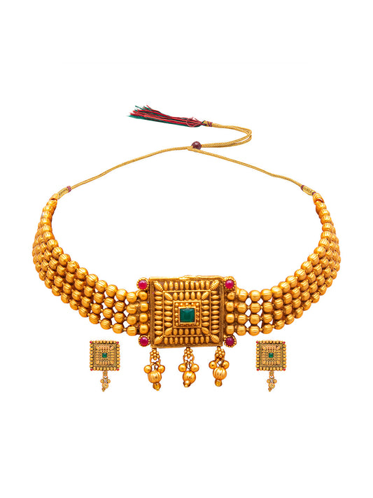 Designer Antique Gold Plated Stylish Traditional Ethnic Thushi Choker Necklace Jewellery Set for Women SJN_45