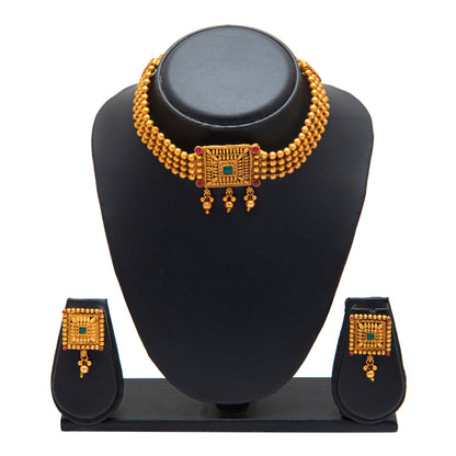 Designer Antique Gold Plated Stylish Traditional Ethnic Thushi Choker Necklace Jewellery Set for Women SJN_45