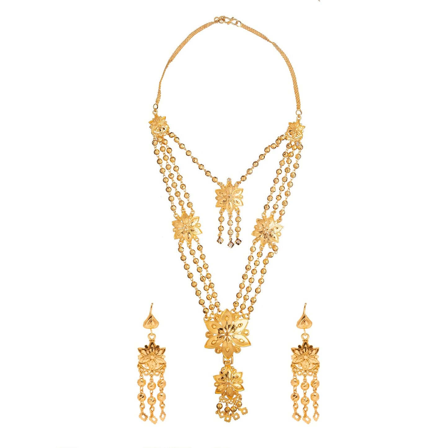 Shining Jewel Gold Plated Traditional Multilayer Flower and Pearl Design Neklace Set With Earrings For Women (SJN_54)