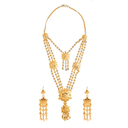 Shining Jewel Gold Plated Traditional Multilayer Flower and Pearl Design Neklace Set With Earrings For Women (SJN_54)