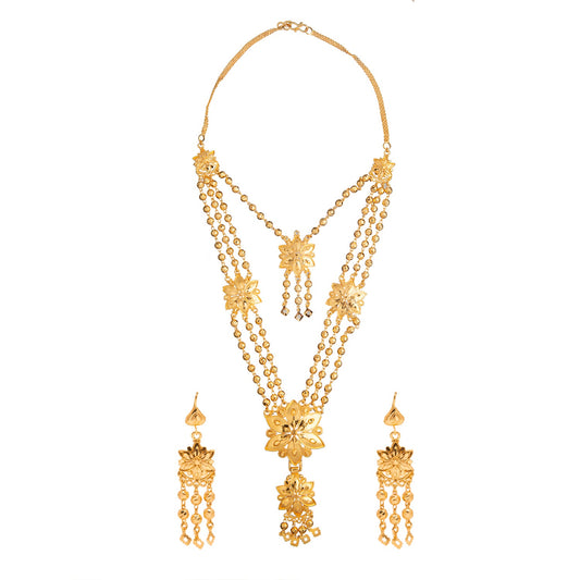 Shining Jewel Gold Plated Traditional Multilayer Flower and Pearl Design Neklace Set With Earrings For Women (SJN_54)