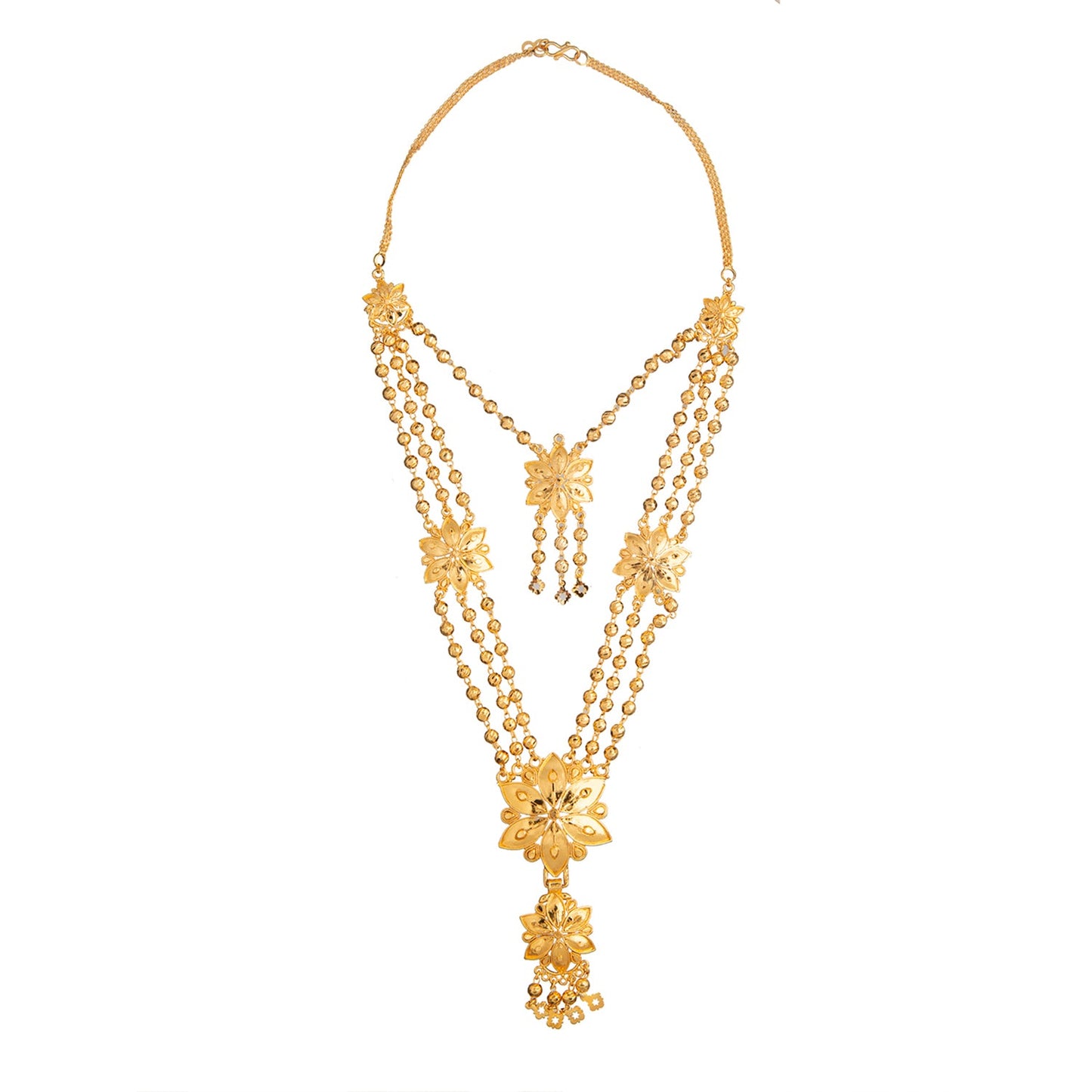 Shining Jewel Gold Plated Traditional Multilayer Flower and Pearl Design Neklace Set With Earrings For Women (SJN_54)