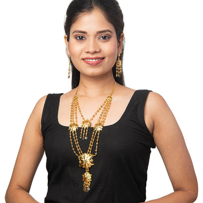 Shining Jewel Gold Plated Traditional Multilayer Flower and Pearl Design Neklace Set With Earrings For Women (SJN_54)