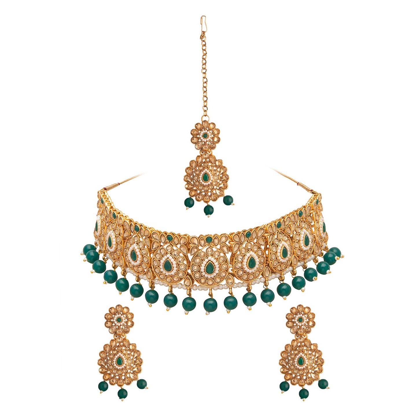 Shining Jewel Gold Plated Kundan Pearl Choker Bridal Necklace Combo Jewellery Set With Tikka and Earrings for Women (SJN_56_G)