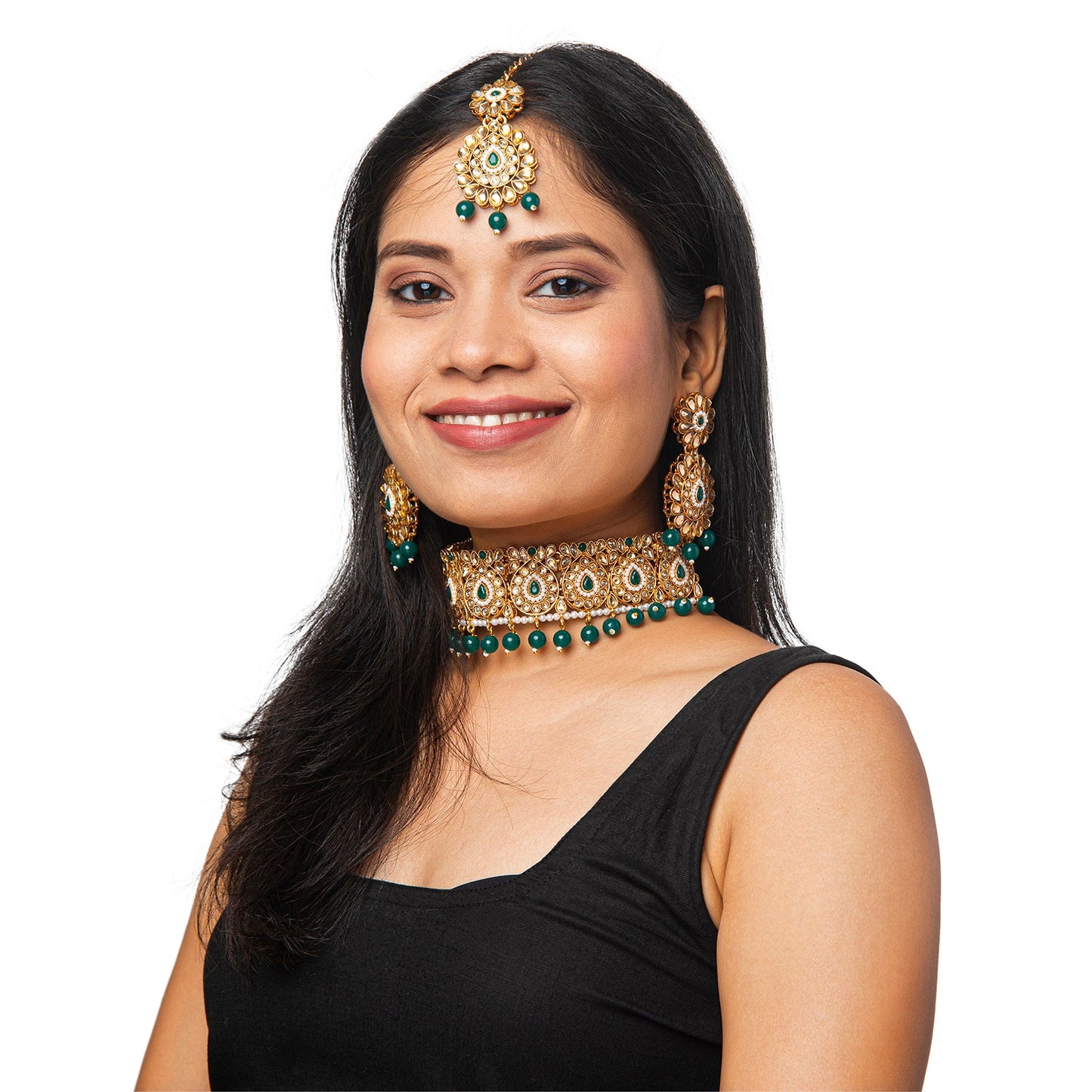 Shining Jewel Gold Plated Kundan Pearl Choker Bridal Necklace Combo Jewellery Set With Tikka and Earrings for Women (SJN_56_G)