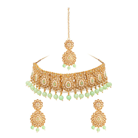 Shining Jewel Gold Plated Kundan Pearl Choker Bridal Necklace Combo Jewellery Set with Tikkka and Earrings for Women (SJN_56_LG)