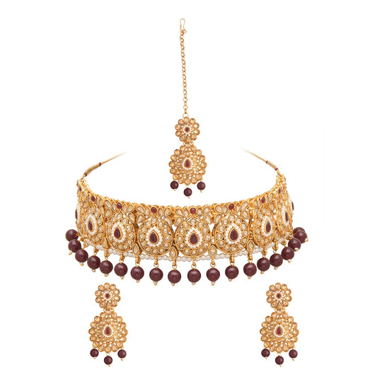 Shining Jewel Gold Plated Kundan Pearl Choker Bridal Necklace Combo Jewellery Set With Tikka and Earrings for Women (SJN_56_M)