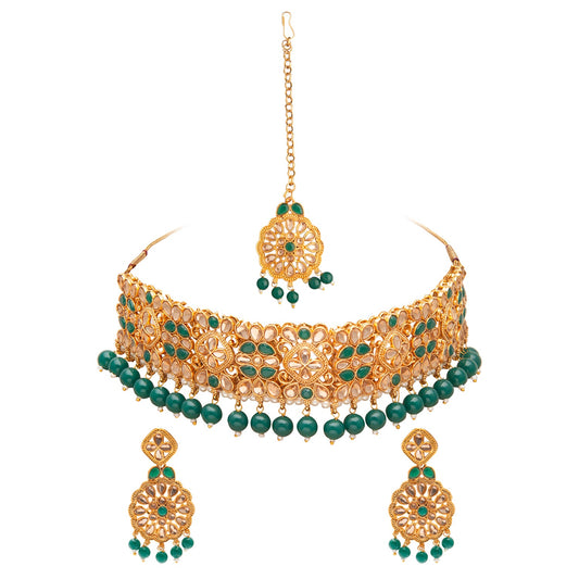 Shining Jewel Gold Plated Kundan Pearl Choker Bridal Necklace Combo Jewellery Set With Tikka and Earrings for Women (SJN_57_G)