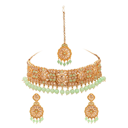 Shining Jewel Gold Plated Kundan Pearl Choker Bridal Necklace Combo Jewellery Set With Tikka and Earrings for Women (SJN_57_LG)