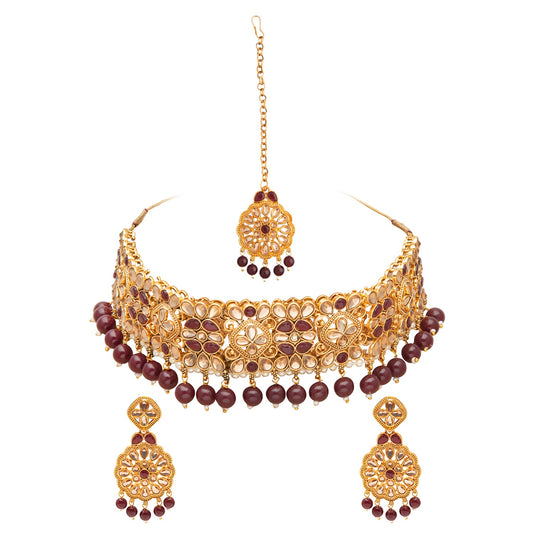 Shining Jewel Gold Plated Kundan Pearl Choker Bridal Necklace Combo Jewellery Set With Tikka and Earrings for Women (SJN_57_M)