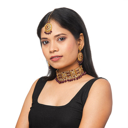 Shining Jewel Gold Plated Kundan Pearl Choker Bridal Necklace Combo Jewellery Set With Tikka and Earrings for Women (SJN_57_M)