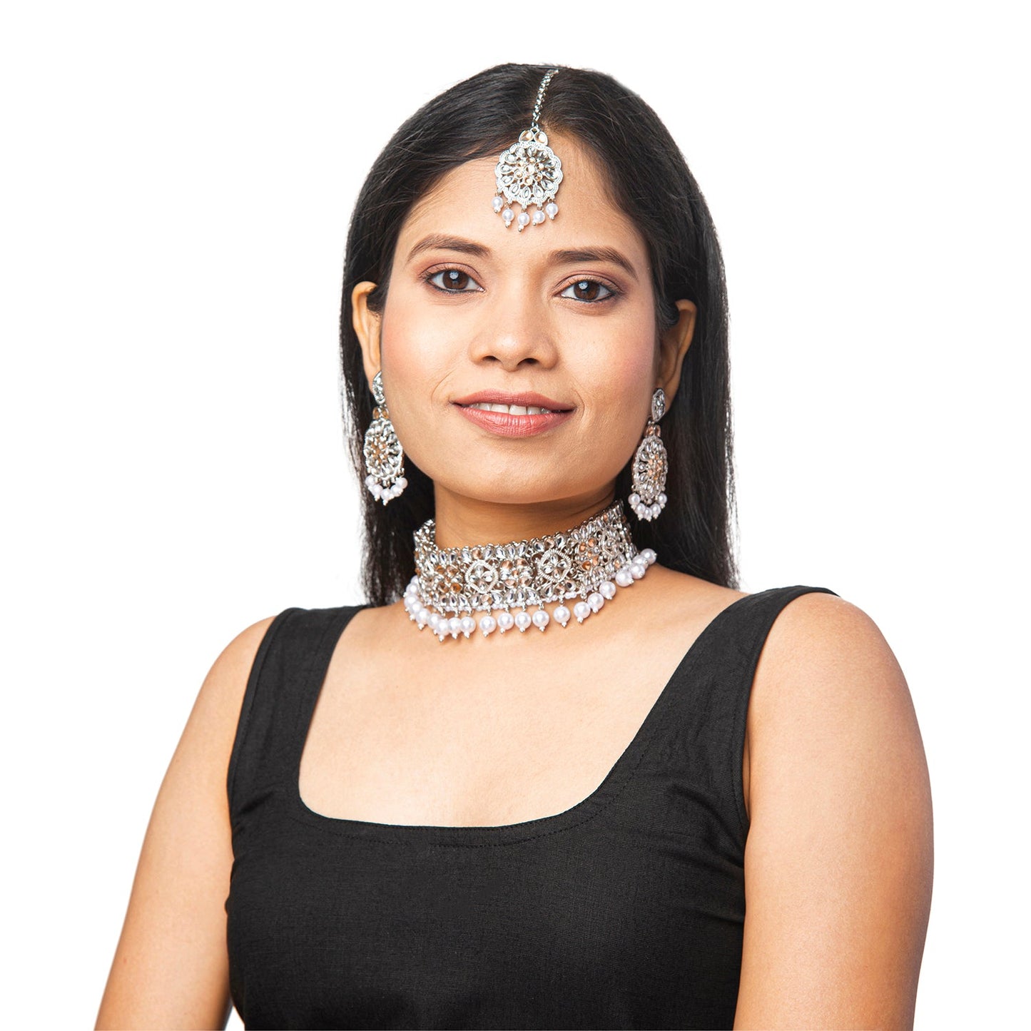 Shining Jewel Silver Plated Kundan Pearl Choker Bridal Necklace Combo Jewellery Set With Tikka and Earrings for Women (SJN_57_S.LCT)