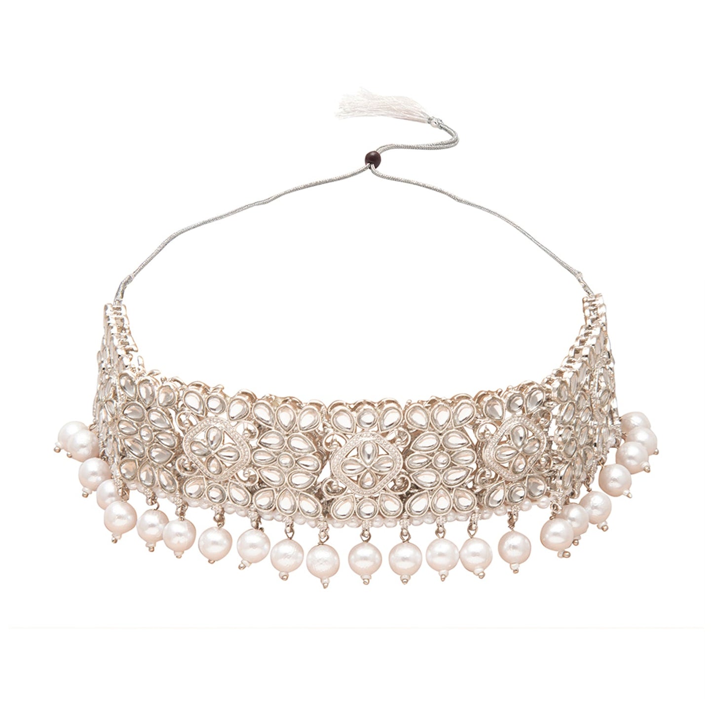 Shining Jewel Silver Plated Kundan Pearl Choker Bridal Necklace Combo Jewellery Set With Tikka and Earrings for Women (SJN_57_S)