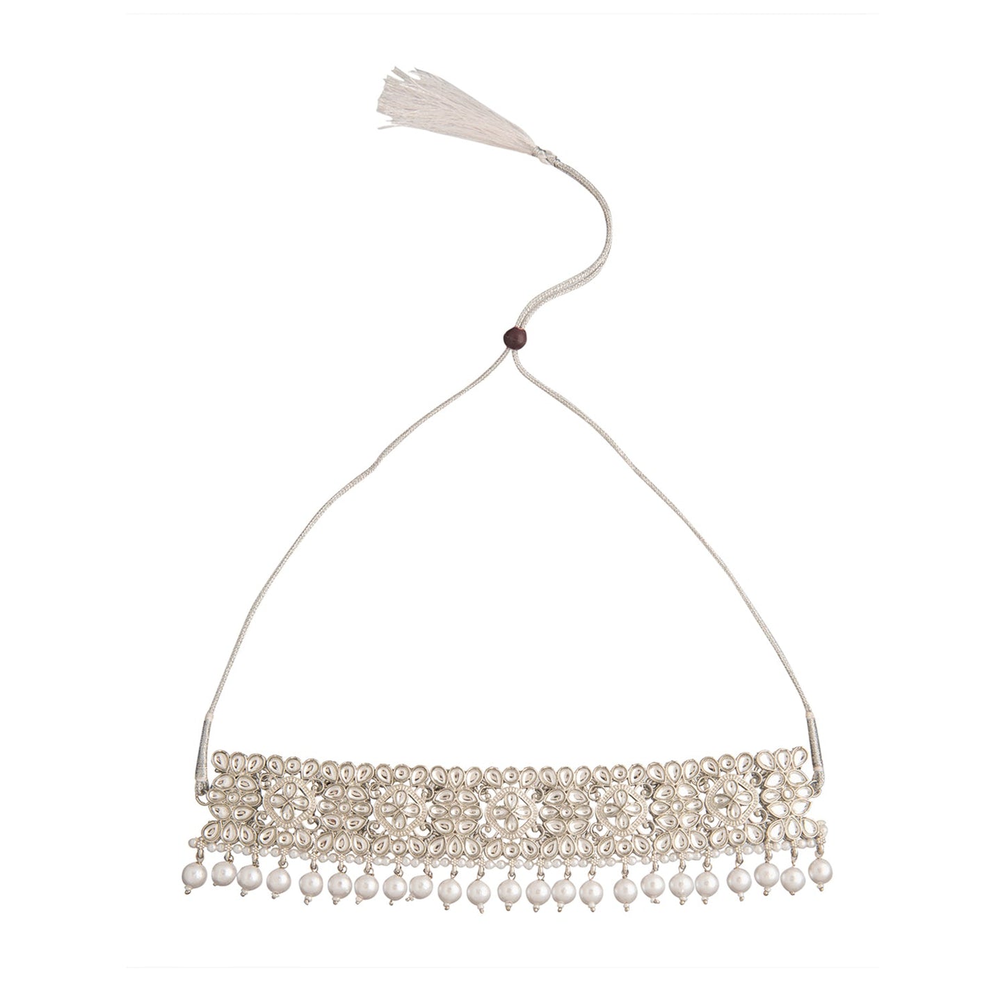 Shining Jewel Silver Plated Kundan Pearl Choker Bridal Necklace Combo Jewellery Set With Tikka and Earrings for Women (SJN_57_S)