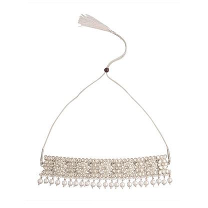 Shining Jewel Silver Plated Kundan Pearl Choker Bridal Necklace Combo Jewellery Set With Tikka and Earrings for Women (SJN_57_S)