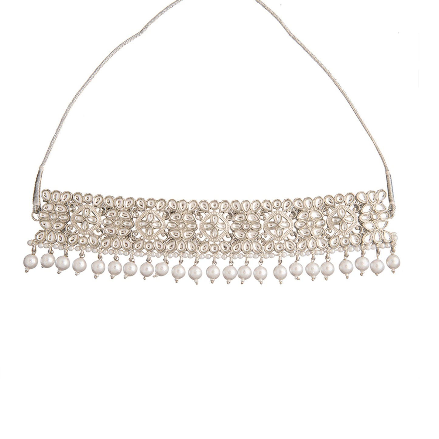 Shining Jewel Silver Plated Kundan Pearl Choker Bridal Necklace Combo Jewellery Set With Tikka and Earrings for Women (SJN_57_S)