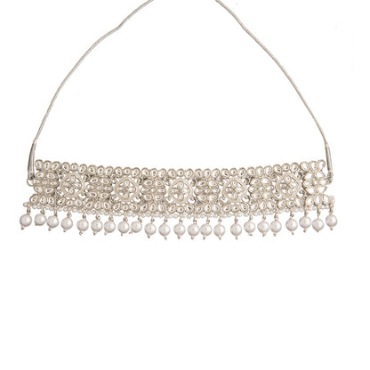 Shining Jewel Silver Plated Kundan Pearl Choker Bridal Necklace Combo Jewellery Set With Tikka and Earrings for Women (SJN_57_S)