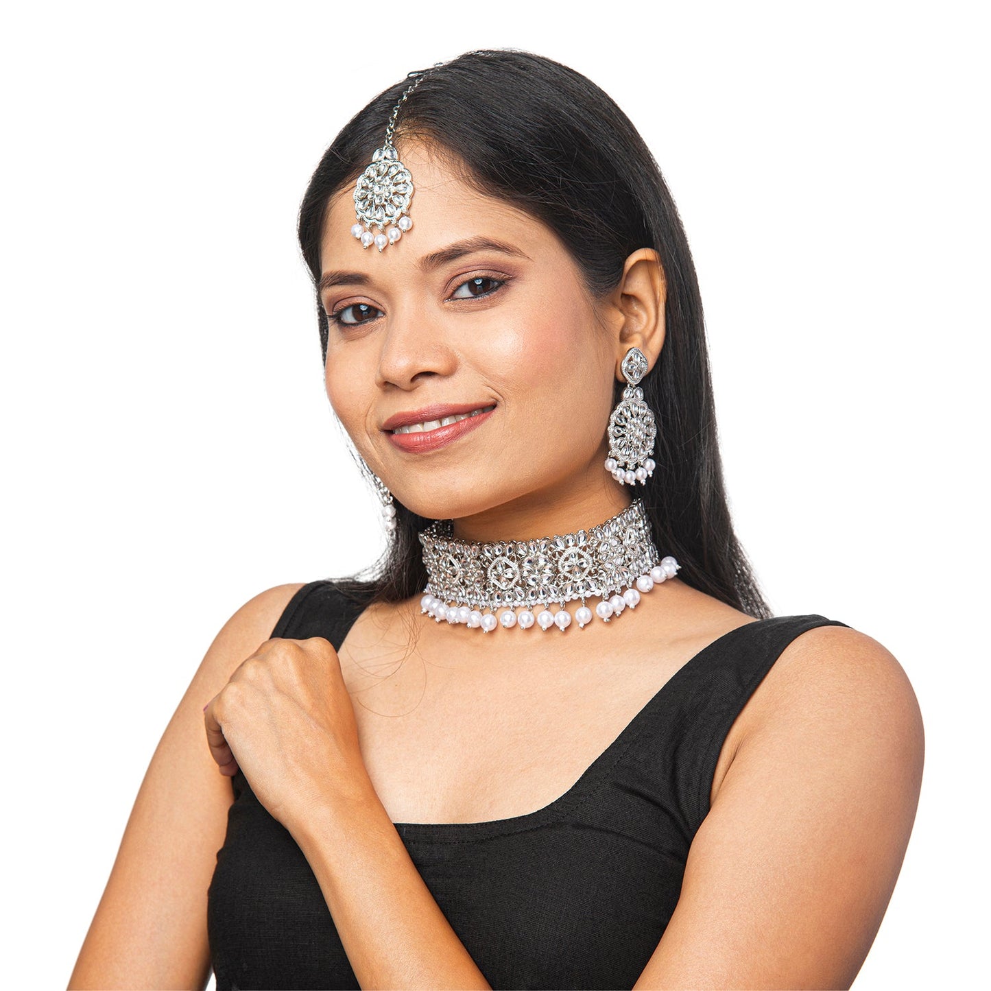 Shining Jewel Silver Plated Kundan Pearl Choker Bridal Necklace Combo Jewellery Set With Tikka and Earrings for Women (SJN_57_S)