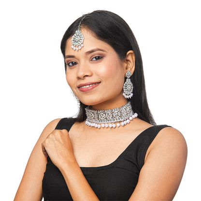 Shining Jewel Silver Plated Kundan Pearl Choker Bridal Necklace Combo Jewellery Set With Tikka and Earrings for Women (SJN_57_S)