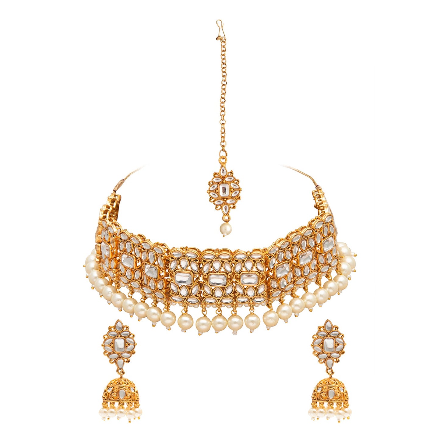 Shining Jewel Gold Plated Kundan Pearl Choker Bridal Necklace Combo Jewellery Set With Tikka and Earrings for Women (SJN_58_G)