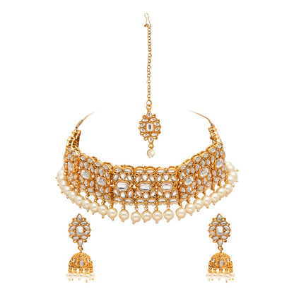 Shining Jewel Gold Plated Kundan Pearl Choker Bridal Necklace Combo Jewellery Set With Tikka and Earrings for Women (SJN_58_G)