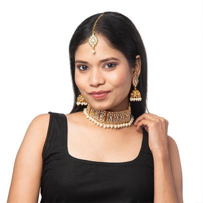 Shining Jewel Gold Plated Kundan Pearl Choker Bridal Necklace Combo Jewellery Set With Tikka and Earrings for Women (SJN_58_G)