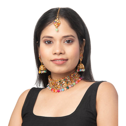 Shining Jewel Gold Plated Kundan Pearl Choker Bridal Necklace Combo Jewellery Set With Tikka and Earrings for Women (SJN_58_MT)