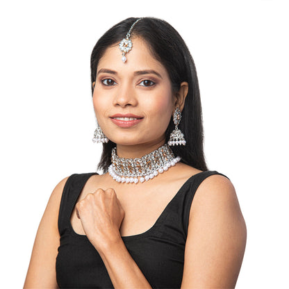 Shining Jewel Silver Plated Kundan Pearl Choker Bridal Necklace Combo Jewellery Set With Tikka and Earrings for Women (SJN_58_S.LCT)