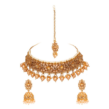 Shining Jewel Gold Plated Kundan Pearl Choker Bridal Necklace Combo Jewellery Set With Tikka and Earrings for Women (SJN_59_G.LCT)