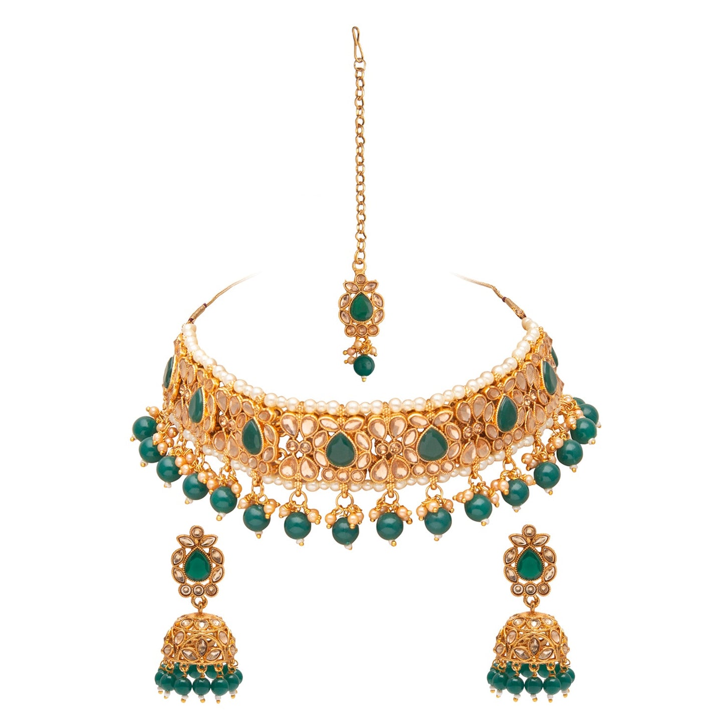 Shining Jewel Gold Plated Kundan Pearl Choker Bridal Necklace Combo Jewellery Set With Tikka and Earrings for Women (SJN_59_G)