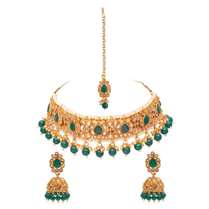 Shining Jewel Gold Plated Kundan Pearl Choker Bridal Necklace Combo Jewellery Set With Tikka and Earrings for Women (SJN_59_G)