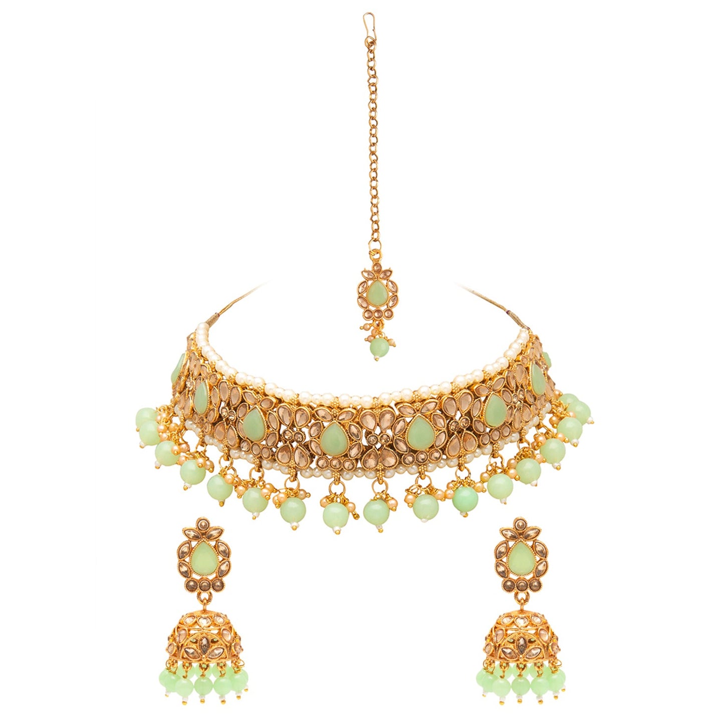 Shining Jewel Gold Plated Kundan Pearl Choker Bridal Necklace Combo Jewellery Set With Tikka and Earrings for Women (SJN_59_LG)