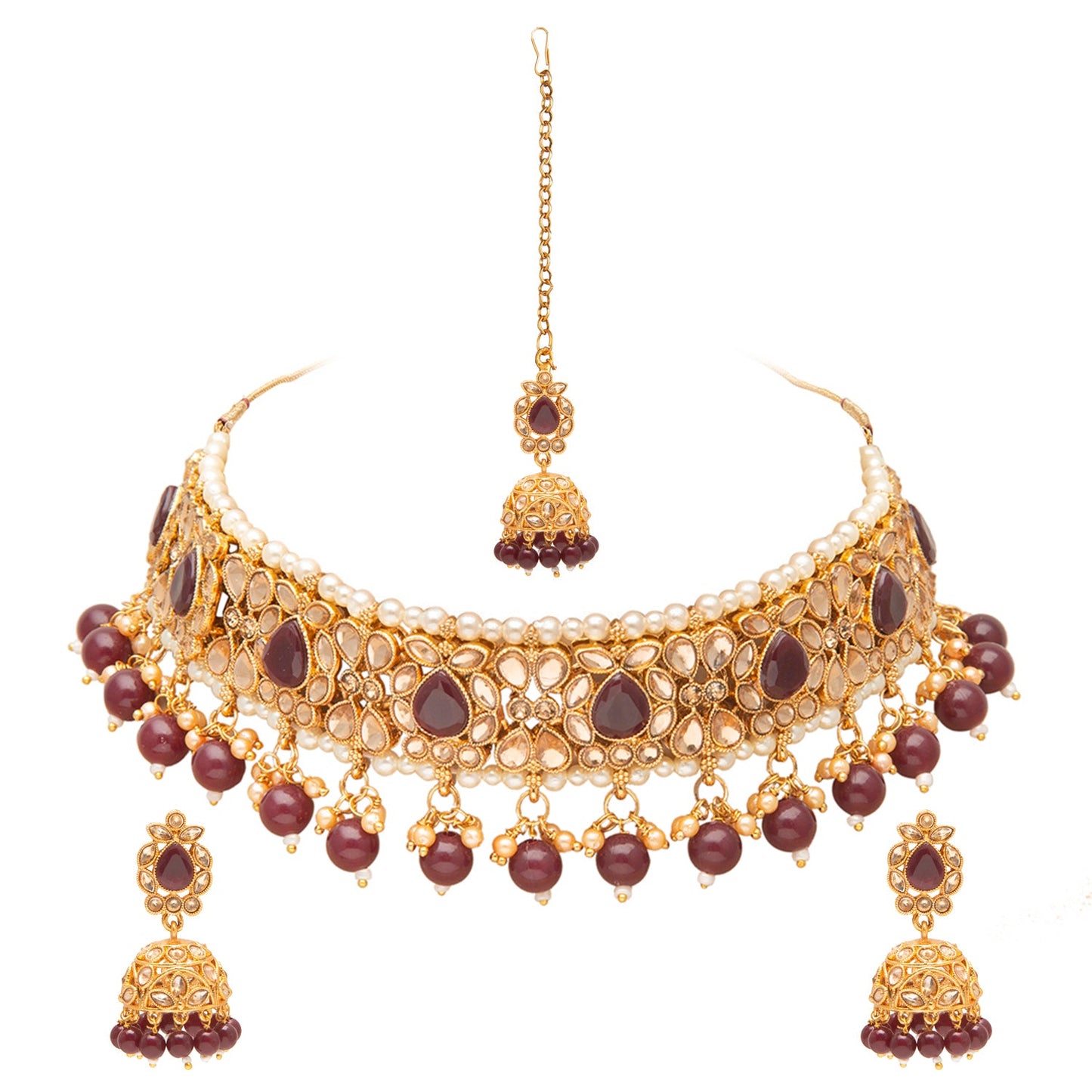 Shining Jewel Gold Plated Kundan Pearl Choker Bridal Necklace Combo Jewellery Set With Tikka and Earrings for Women (SJN_59_M)