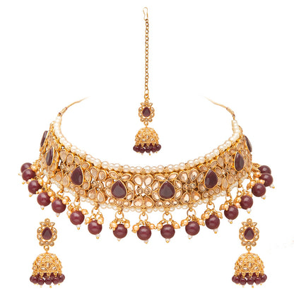 Shining Jewel Gold Plated Kundan Pearl Choker Bridal Necklace Combo Jewellery Set With Tikka and Earrings for Women (SJN_59_M)