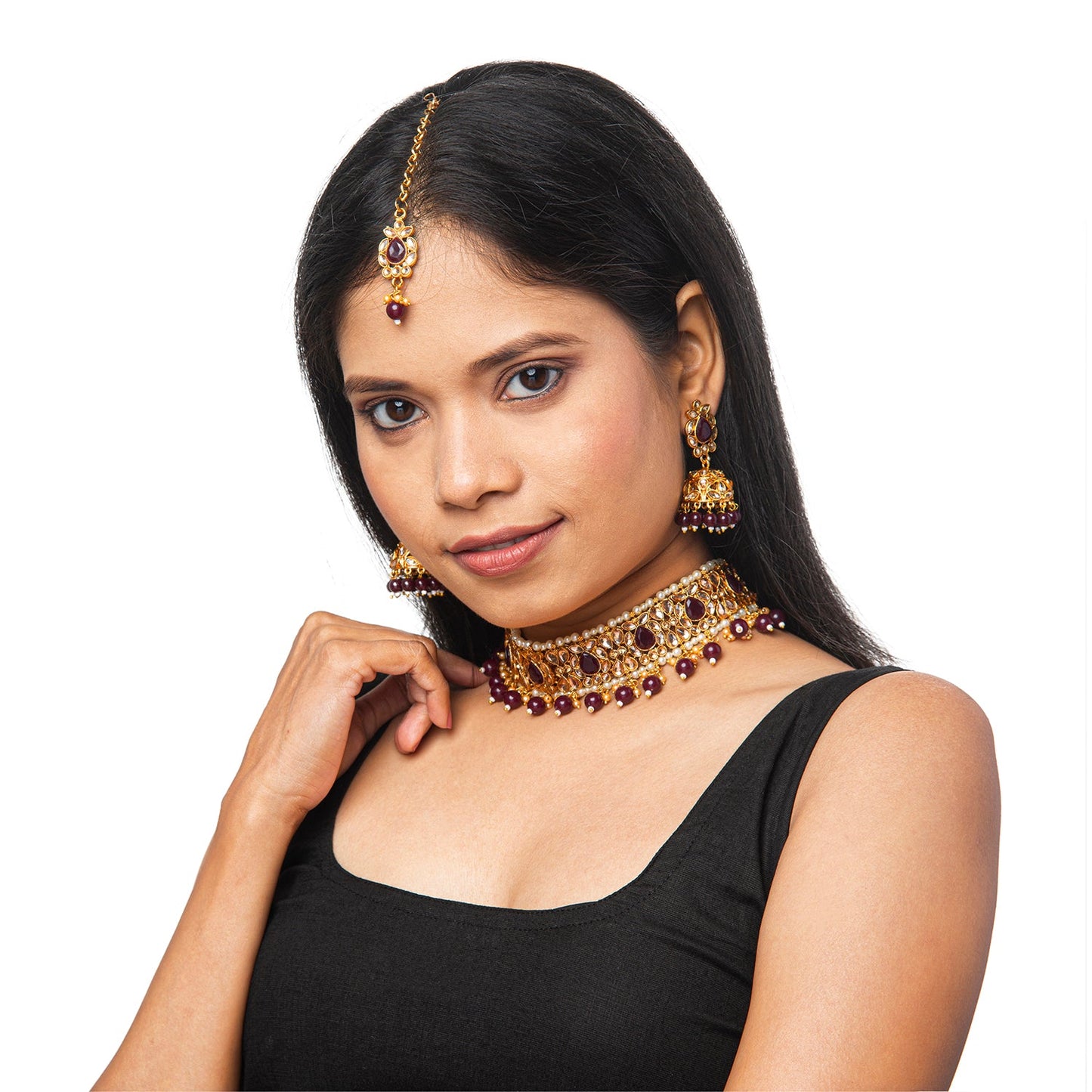 Shining Jewel Gold Plated Kundan Pearl Choker Bridal Necklace Combo Jewellery Set With Tikka and Earrings for Women (SJN_59_M)