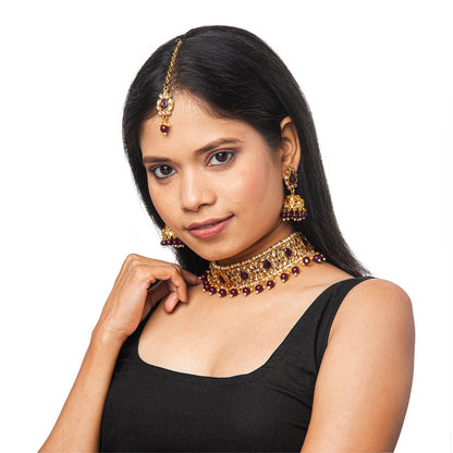 Shining Jewel Gold Plated Kundan Pearl Choker Bridal Necklace Combo Jewellery Set With Tikka and Earrings for Women (SJN_59_M)