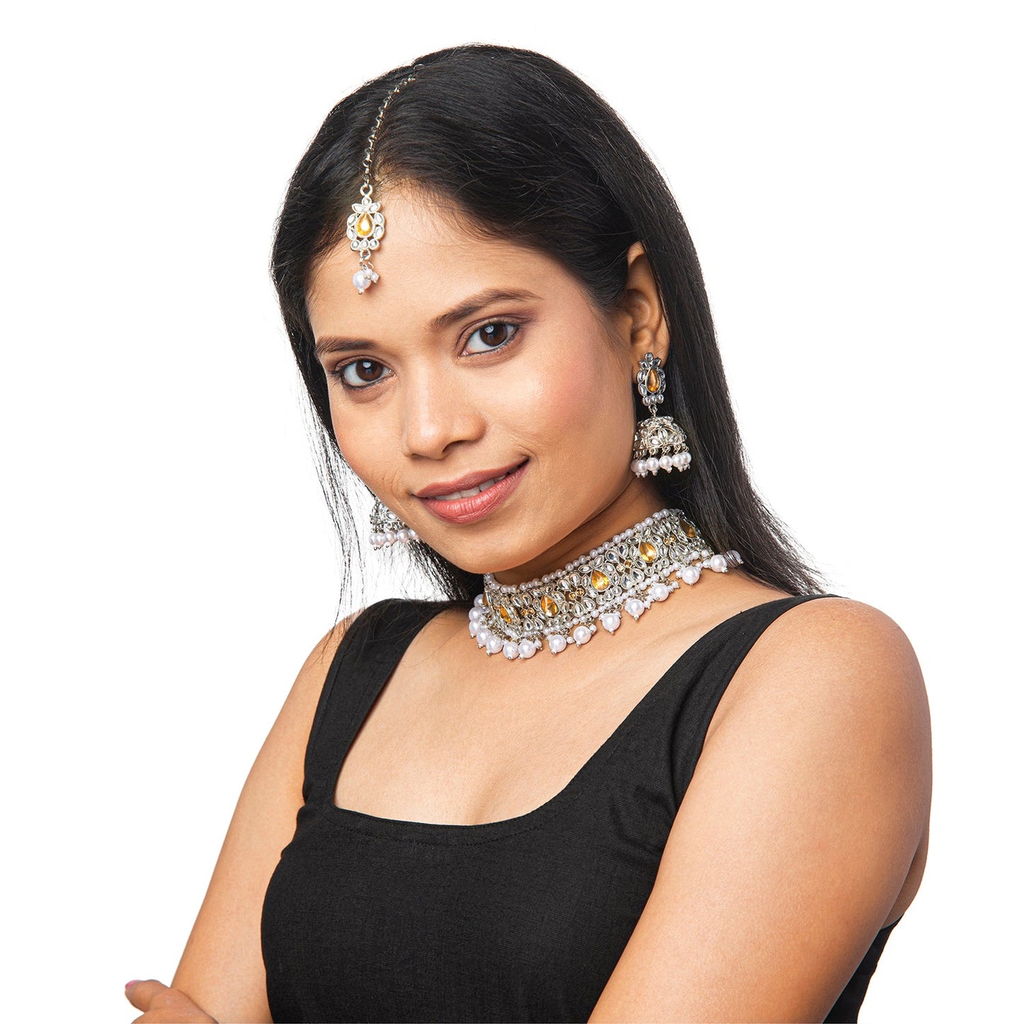 Shining Jewel Silver Plated Kundan Pearl Choker Bridal Necklace Combo Jewellery Set With Tikka and Earrings for Women (SJN_59_S.LCT)