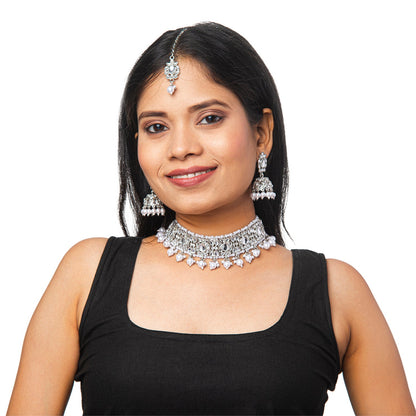 Shining Jewel Silver Plated Kundan Pearl Choker Bridal Necklace Combo Jewellery Set With Tikka and Earrings for Women (SJN_59_S)