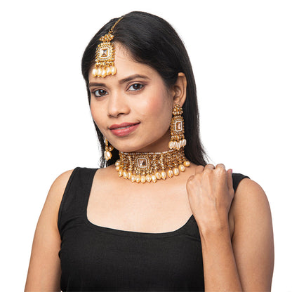 Shining Jewel Gold Plated Kundan Pearl Choker Bridal Necklace Combo Jewellery Set With Tikka and Earrings for Women (SJN_60_G.LCT)