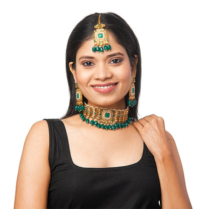 Shining Jewel Gold Plated Kundan Pearl Choker Bridal Necklace Combo Jewellery Set With Tikka and Earrings for Women (SJN_60_G)