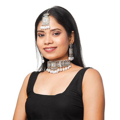 Shining Jewel Silver Plated Kundan Pearl Choker Bridal Necklace Combo Jewellery Set With Tikka and Earrings for Women (SJN_60_S.LCT)