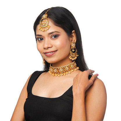 Shining Jewel Gold Plated Kundan Pearl Choker Bridal Necklace Combo Jewellery Set With Tikka and Earrings for Women (SJN_61_G.LCT)