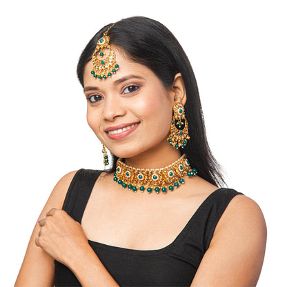 Shining Jewel Gold Plated Kundan Pearl Choker Bridal Necklace Combo Jewellery Set With Tikka and Earrings for Women (SJN_61_G)