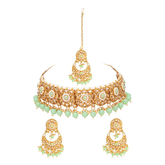 Shining Jewel Gold Plated Kundan Pearl Choker Bridal Necklace Combo Jewellery Set With Tikka and Earrings for Women (SJN_61_LG)