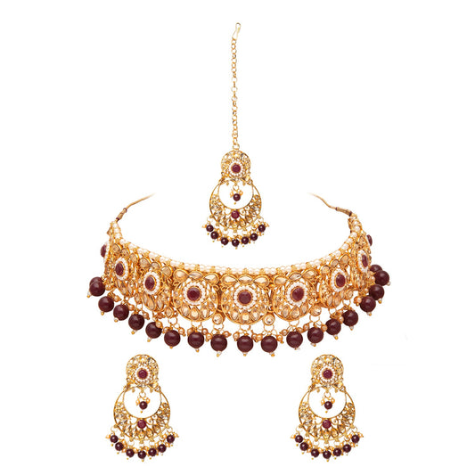 Shining Jewel Gold Plated Kundan Pearl Choker Bridal Necklace Combo Jewellery Set With Tikka and Earrings for Women (SJN_61_M)